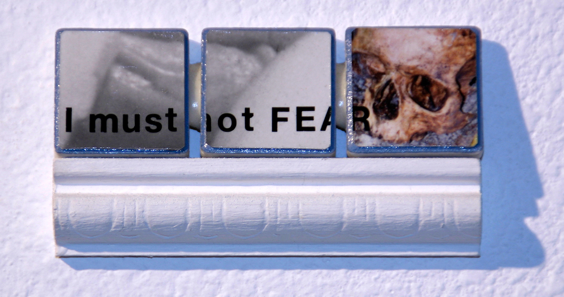 <br/>Day 171, 1999<br/>1" x 3"<br/>acrylic, photographs, lettering and pencil on ceramic tiles